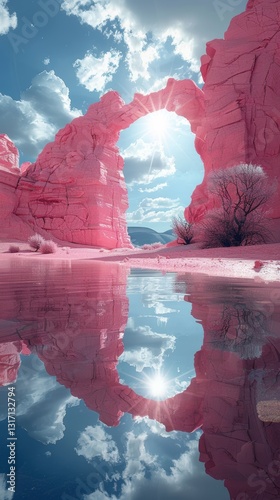 Surreal Fantasy Landscape of Pink Desert with Lake and Round Mirror Reflection
