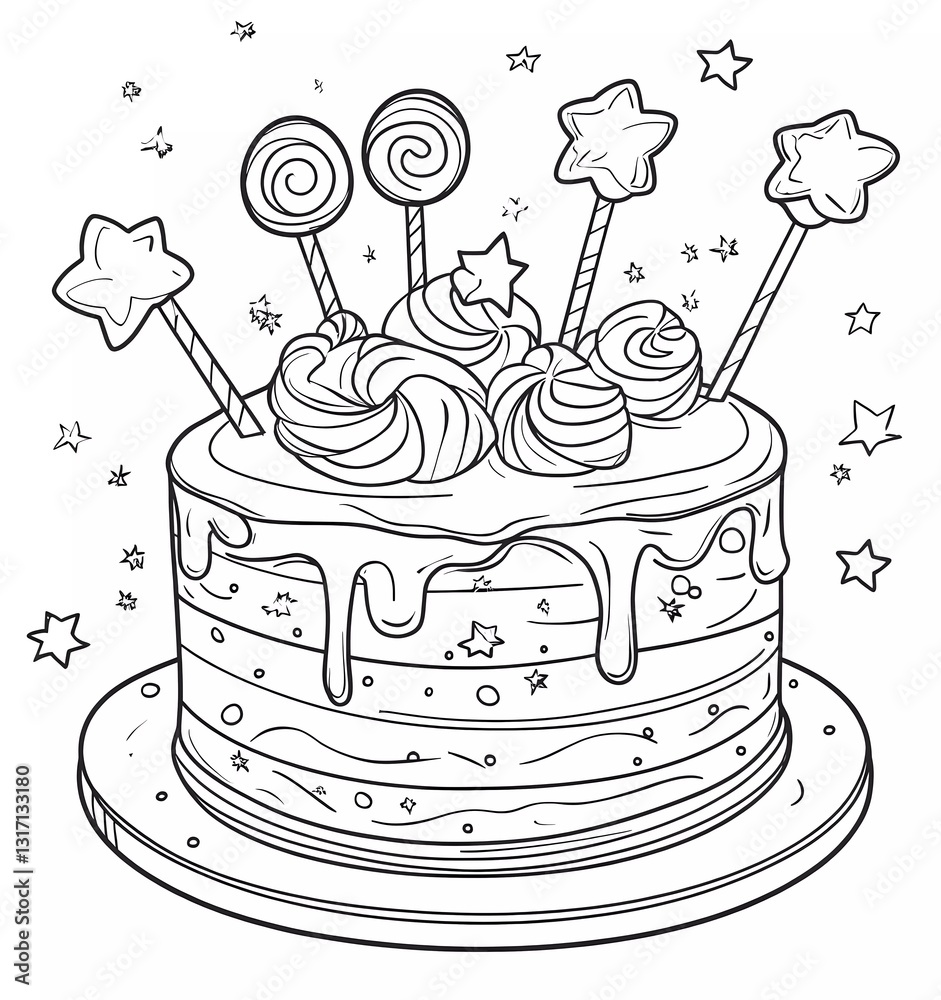 Birthday cake with lollipops and stars on top, simple line art style, coloring page for kids, thick lines, low detail, no grayscale, single-color background.