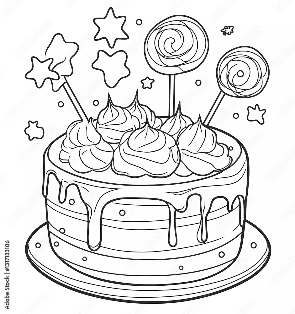 Birthday cake with lollipops and stars on top, simple line art style, coloring page for kids, thick lines, low detail, no grayscale, single-color background.