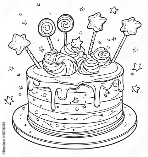 Obraz na płótnie Birthday cake with lollipops and stars on top, simple line art style, coloring page for kids, thick lines, low detail, no grayscale, single-color background. w salonie