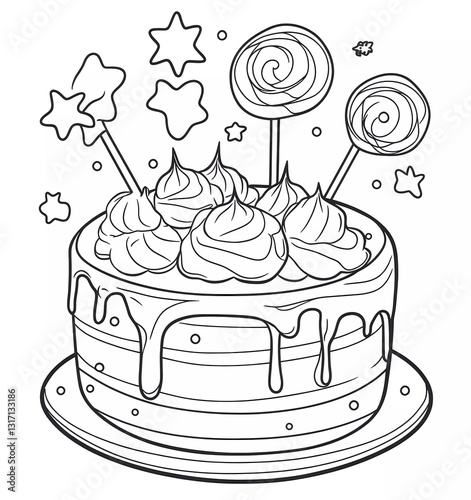 Obraz na płótnie Birthday cake with lollipops and stars on top, simple line art style, coloring page for kids, thick lines, low detail, no grayscale, single-color background. w salonie