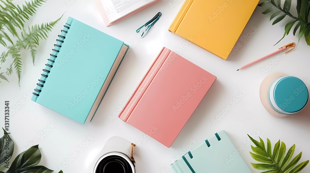 Colorful books on a white background, top view, flat lay,