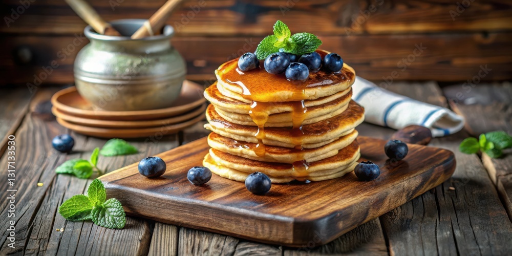 Εκτύπωση καμβά A delectable stack of fluffy pancakes, generously drizzled with golden syrup and adorned with fresh blueberries and a sprig of mint, rests on a rustic wooden board