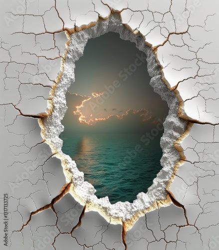 Three Dimensional Hole In White Wall With Visible Cracks Background Texture