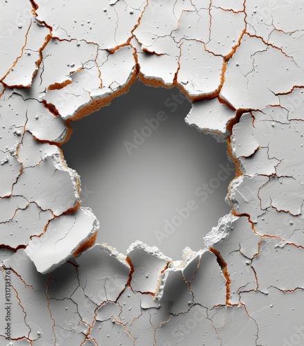 Three Dimensional Hole In A White Wall With Visible Cracks And Damaged Background