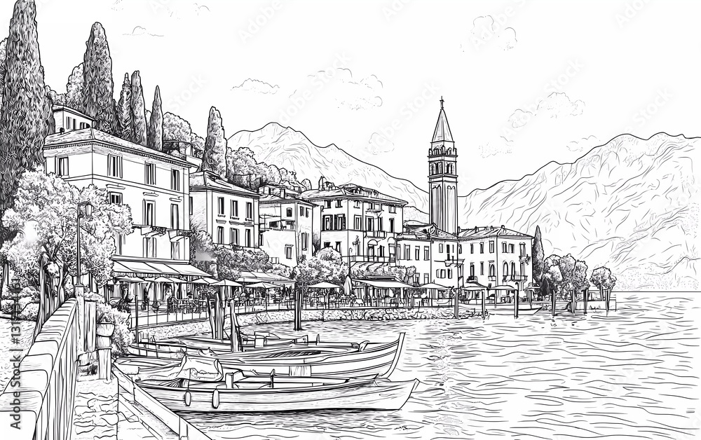 Coloring page: Beautiful view of the village on Lake Como with boats, white background, clean line art