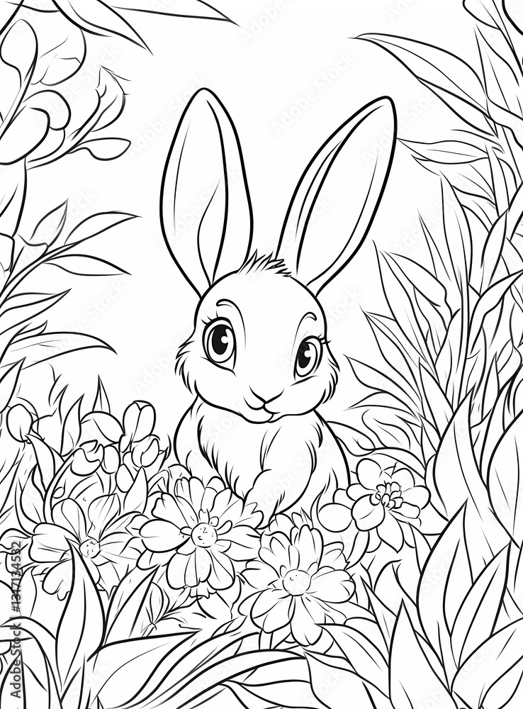 A cute cartoon bunny planting flowers, a coloring page for kids with crisp lines and a white background, a simple style in black and white.