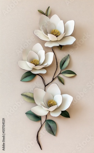 Three Dimensional Paper Art of Magnolia Flowers Hanging on a Beige Background with a Long Branch and Leaves