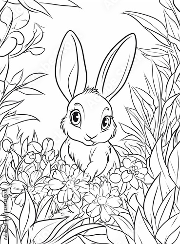 Obraz na płótnie A cute cartoon bunny planting flowers, a coloring page for kids with crisp lines and a white background, a simple style in black and white. w salonie
