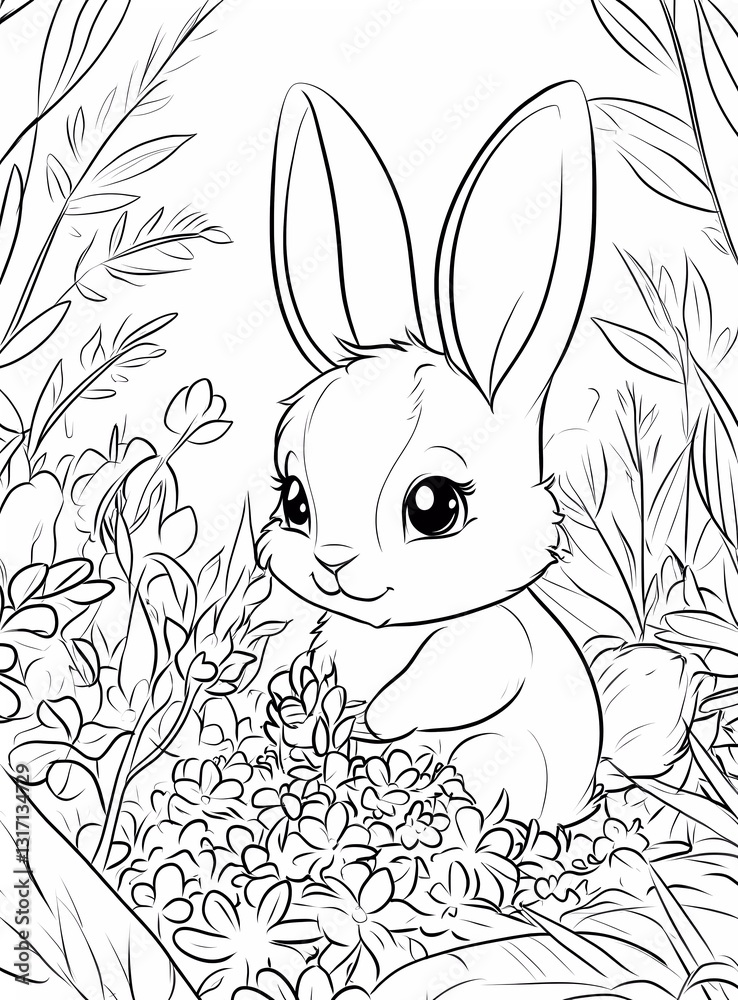 A cute cartoon bunny planting flowers, a coloring page for kids with crisp lines and a white background, a simple style in black and white.