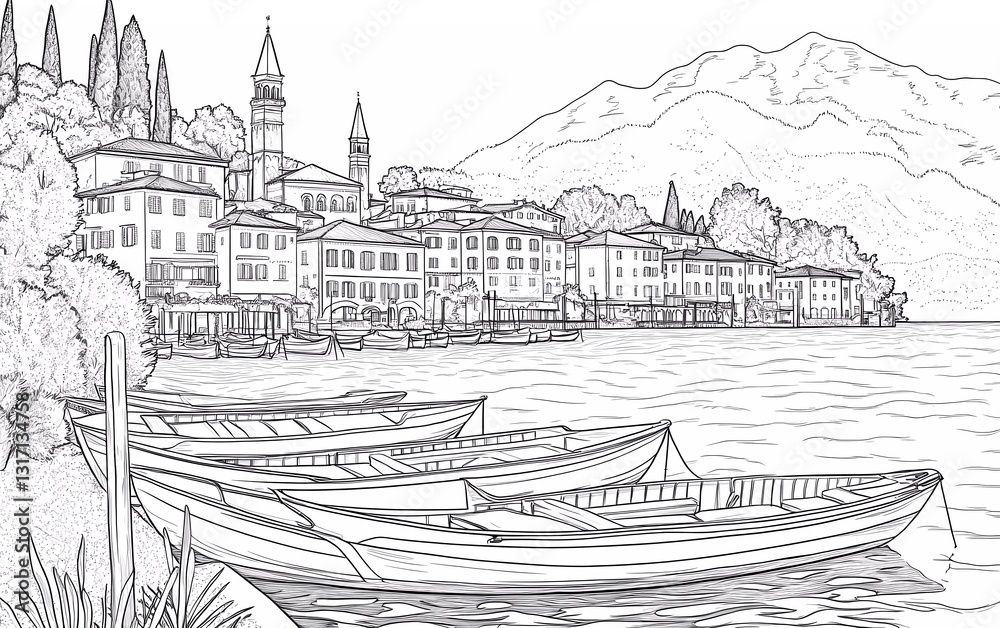 Coloring page: Beautiful view of the village on Lake Como with boats, white background, clean line art