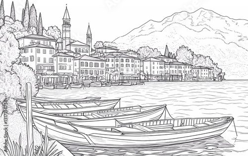 Obraz na płótnie Coloring page: Beautiful view of the village on Lake Como with boats, white background, clean line art w salonie