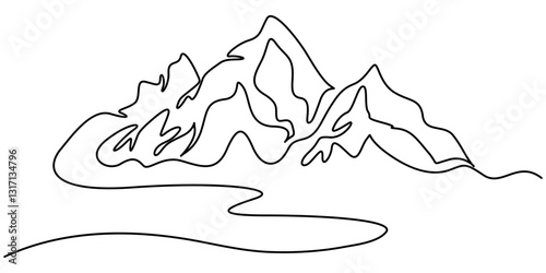 Mountains landscape view. Continuous one line drawing, Hill one line art illustration, black and white single portrait, Panorama of high mountains and mountain river. Nature. pro vector style.