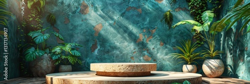 Three Dimensional Render of a Pedestal on a Green Background with Palm Leaves