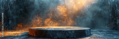 Three dimensional rendering of a round podium in a dark room with smoke and atmospheric lighting