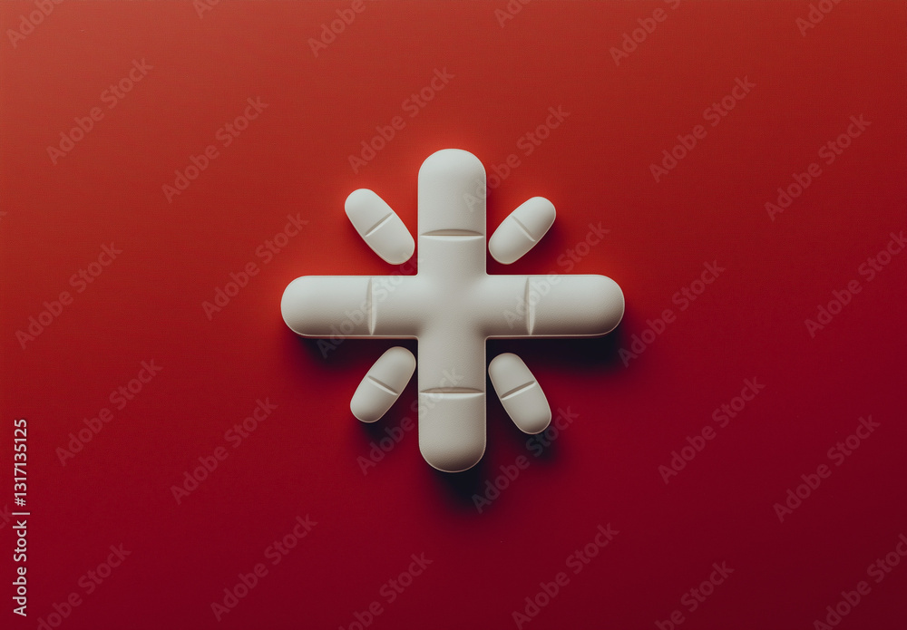 Obraz premium White Pills Forming a Red Cross on a Bold Background – Minimalist Medical and First Aid Concept for Healthcare and Pharmacy Designs