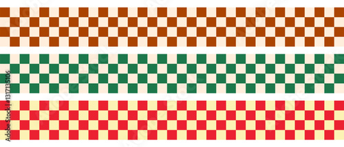 Three chess seamless repeating patterns in form of horizontal wide stripes in chocolate, green, red colors. Vector cute illustration for design backgrounds fabric, paper, interior.