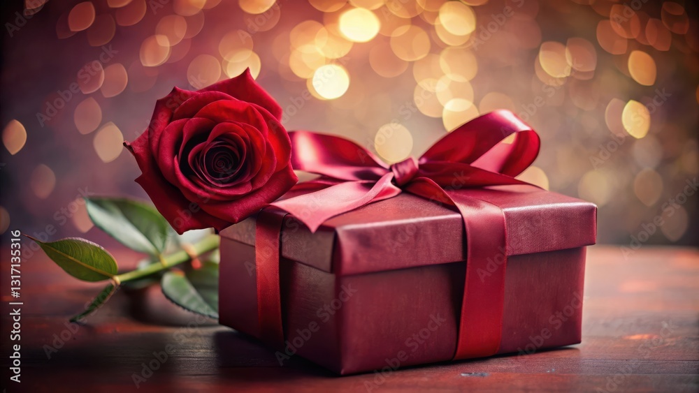 Φωτογραφία A crimson rose rests beside a richly hued gift box, elegantly adorned with a satin ribbon, creating a romantic and celebratory scene