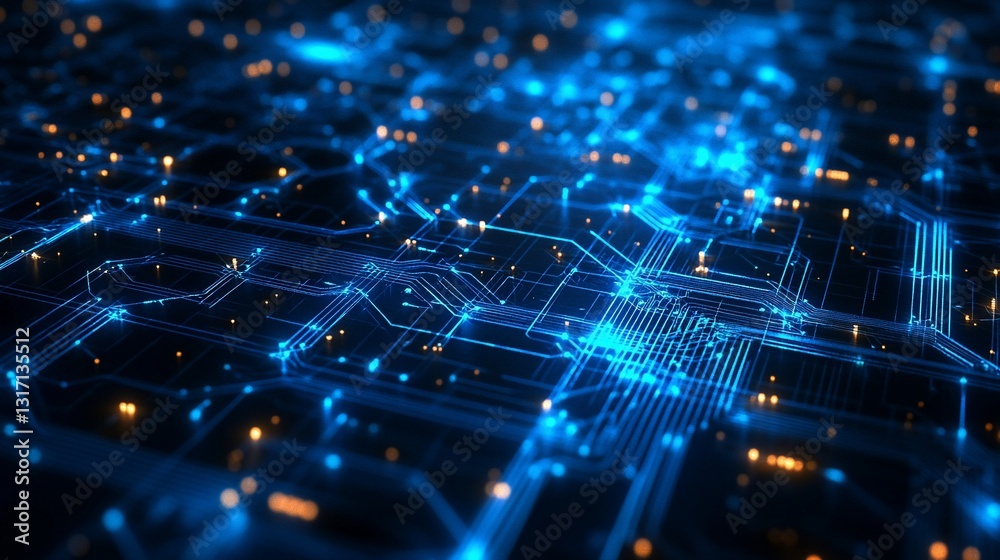 Obraz premium Abstract Digital Circuit Board Glowing Blue Lines and Orange Nodes Network Technology Background