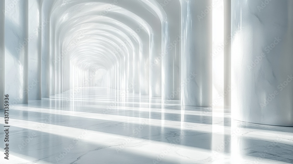 Fototapeta premium Light shining through a long columned hallway, creating soft shadows and a peaceful atmosphere, concept of architecture and interior design, white background 