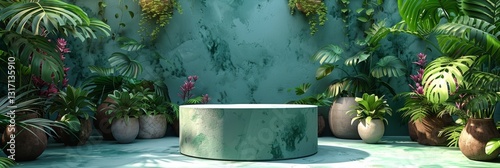 Three Dimensional Rendering of Podium or Pedestal on Green Background with Palm Leaves