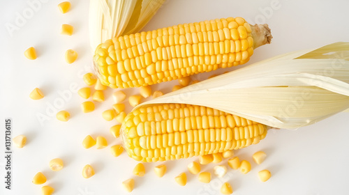 Freshly shucked golden corn kernels artfully displayed on a white backdrop capturing the essence of summers bounty