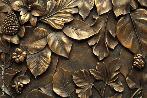 Three dimensional wall art featuring colorful leaves on a brown bronze textured background with carved relief elements