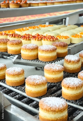 Sweet tasty cakes on food factory conveyor
