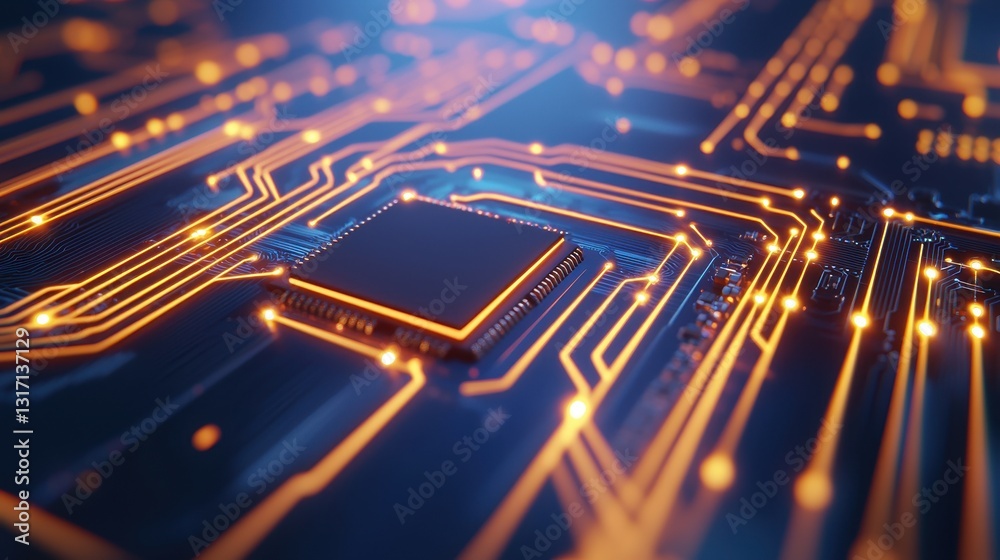 Fototapeta premium Modern Technology Circuit Board with Glowing Lines and Details