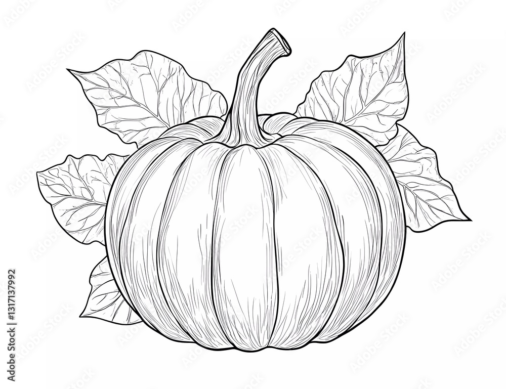 Pumpkin with leaves, mandala-style coloring page for adults, vector line art, simple details, white background,