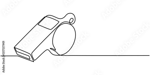 Continuous one line drawing of sport whistle icon in silhouette on a white background. Linear stylized, Sports whistle one line art. Continuous line drawing of sport, coach, referee, activity, vector.