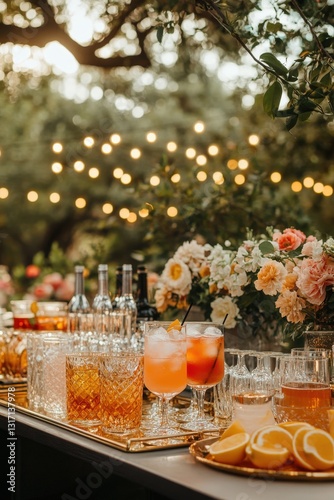 Glistening silver tray on pristine white countertop overflows with an array of beverages—a vibrant cocktail sparkles in its glass among other libations photo