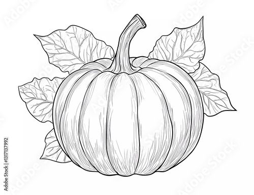 Obraz na płótnie Pumpkin with leaves, mandala-style coloring page for adults, vector line art, simple details, white background, w salonie
