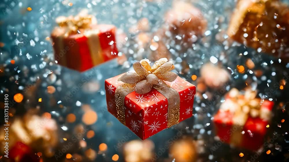 Light winter background, on which bright gifts in red and lilac packaging, golden confetti, flashes of light are flying. Festive mood Light winter background, on which bright gifts in red and lilac packaging, golden confetti, flashes of light are flying. Festive mood