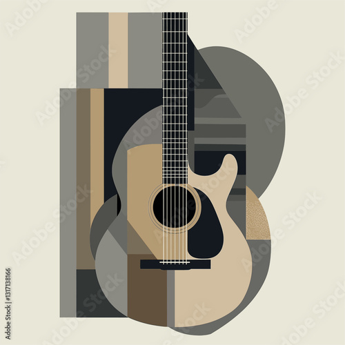 abstract accoustic guitar, mid century art design grey beige and grey, 2d flat vector illustration, geometric shapes


