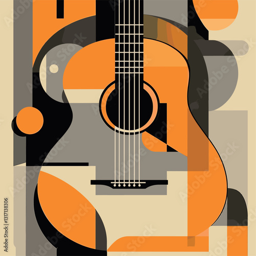 abstract accoustic guitar, mid century art design grey beige and grey, 2d flat vector illustration, geometric shapes

