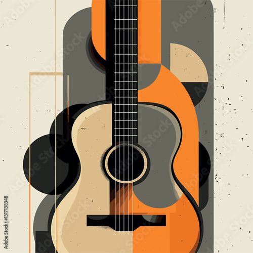 abstract accoustic guitar, mid century art design grey beige and grey, 2d flat vector illustration, geometric shapes

