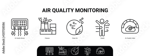 Air quality monitoring and pollution checkup  icons collection set. Labeled elements with measurement sensors, clean air for healthy breathing and index for control vector illustration. 