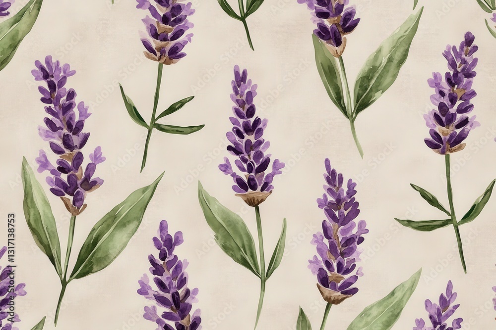 Fototapeta premium Vintage-style lavender pattern with faded green leaves, perfect for wallpaper or textiles
