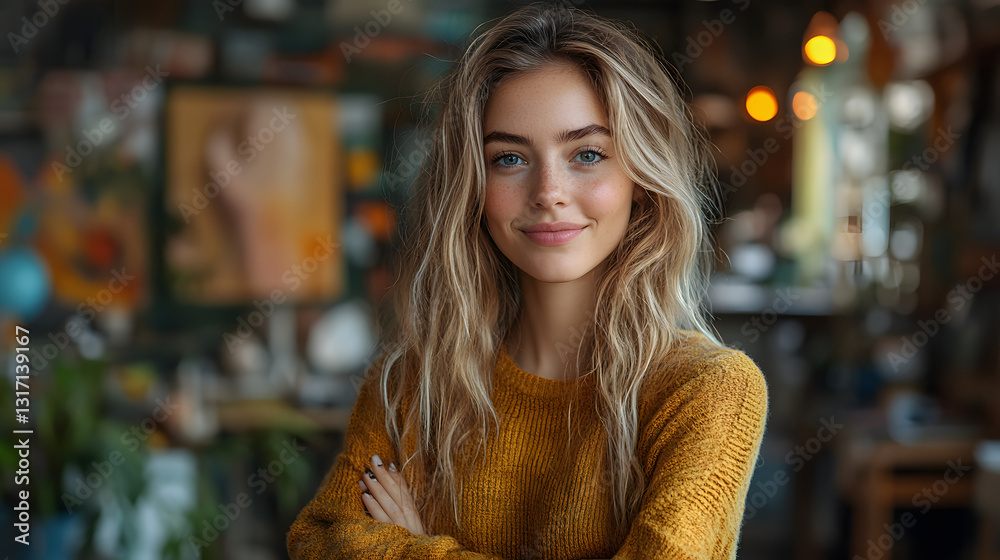 Portrait of a Smiling Woman with arms crossed: A captivating portrait of a woman with flowing blonde hair, a warm smile, and crossed arms, radiating confidence and approachability. Portrait of a Smiling Woman with arms crossed: A captivating portrait of a woman with flowing blonde hair, a warm smile, and crossed arms, radiating confidence and approachability.