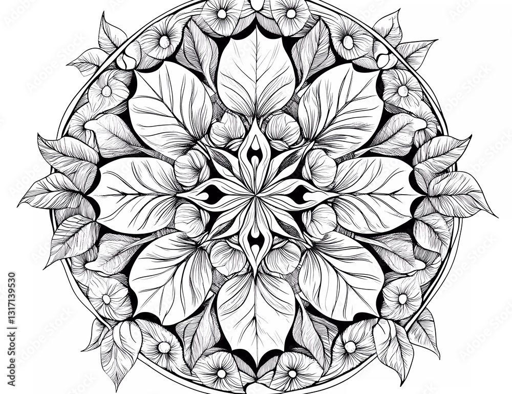 Pumpkin with leaves, mandala-style vector line art coloring page for adults
