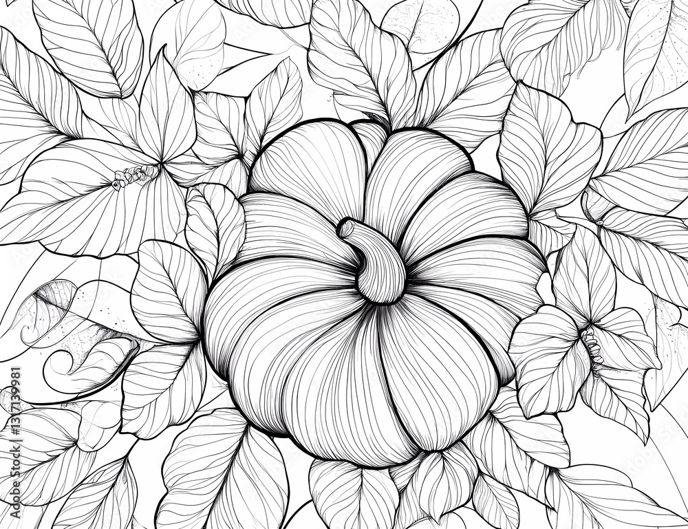 Pumpkin with leaves, mandala-style vector line art coloring page for adults