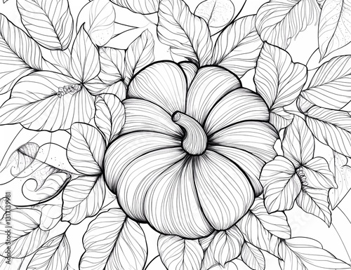 Obraz na płótnie Pumpkin with leaves, mandala-style vector line art coloring page for adults w salonie
