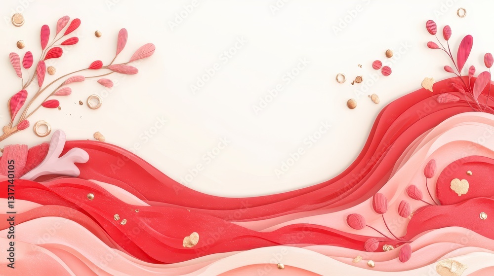 Abstract Pink and Red Layered Paper Waves with Gold Accents Abstract Pink and Red Layered Paper Waves with Gold Accents