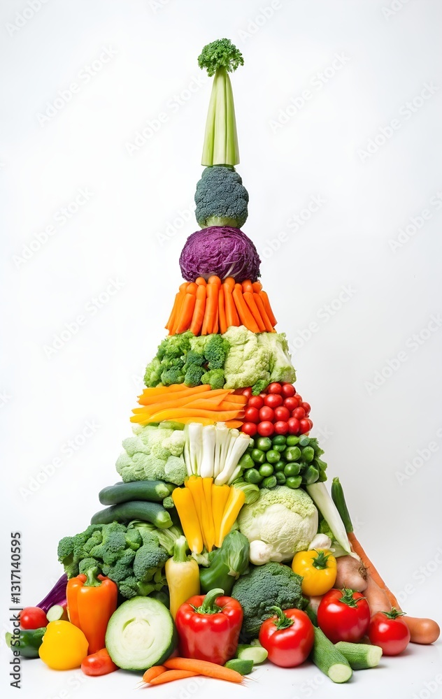 Various vegetables in shape of tower on grey background.