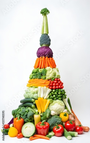Various vegetables in shape of tower on grey background.