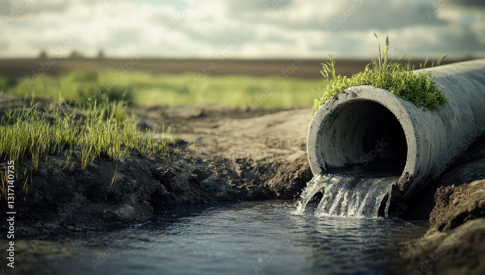 Water flows out of a concrete drainage pipe and into a stream. There is vegetation atop the pipe, with farmland in the background on a cloudy day Water flows out of a concrete drainage pipe and into a stream. There is vegetation atop the pipe, with farmland in the background on a cloudy day