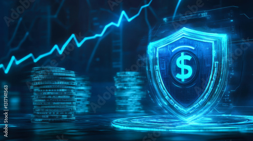 Digital shield symbolizing financial security amidst technology and market trends in a futuristic environment