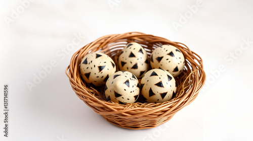 Quail eggs in a wattled basket on a light background