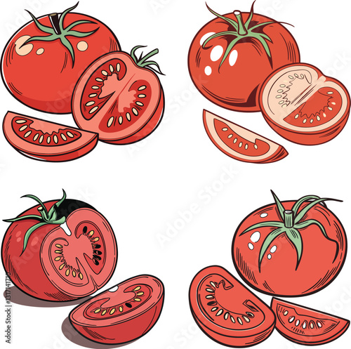 Tomato vector image,illustration, food, tomato, vector, vegetable, tasty, fresh, set, design, cooking, background, ingredient, collection, delicious, menu, meal, healthy, cuisine, image, isolated, 